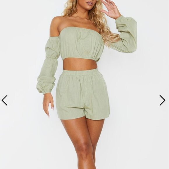 Green Linen Look Bardot Puff Sleeve Beach Top SZ 10 USA UK 14 - Picture 4 of 12